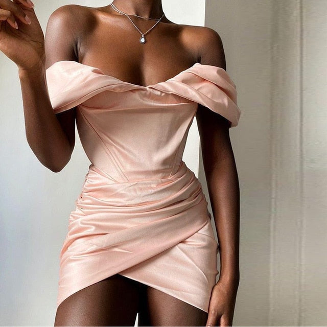 women's pink draped off the shoulder corset mini dress