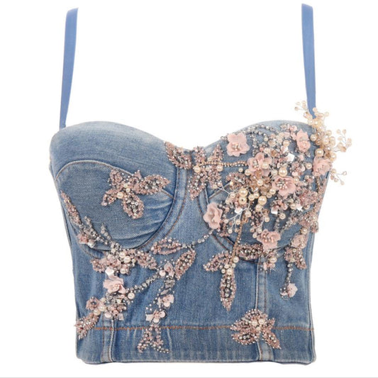 blue denim pink crystal bustier corset top