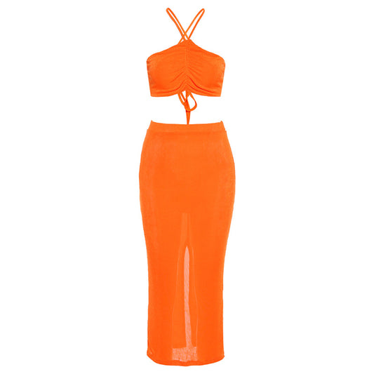 women's two piece orange maxi skirt set