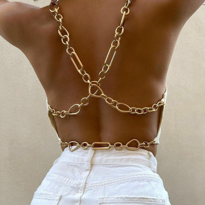 women's white backless gold chain crop top