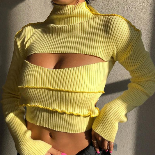 women's yellow ribbed ruffle cutout crop top sweater