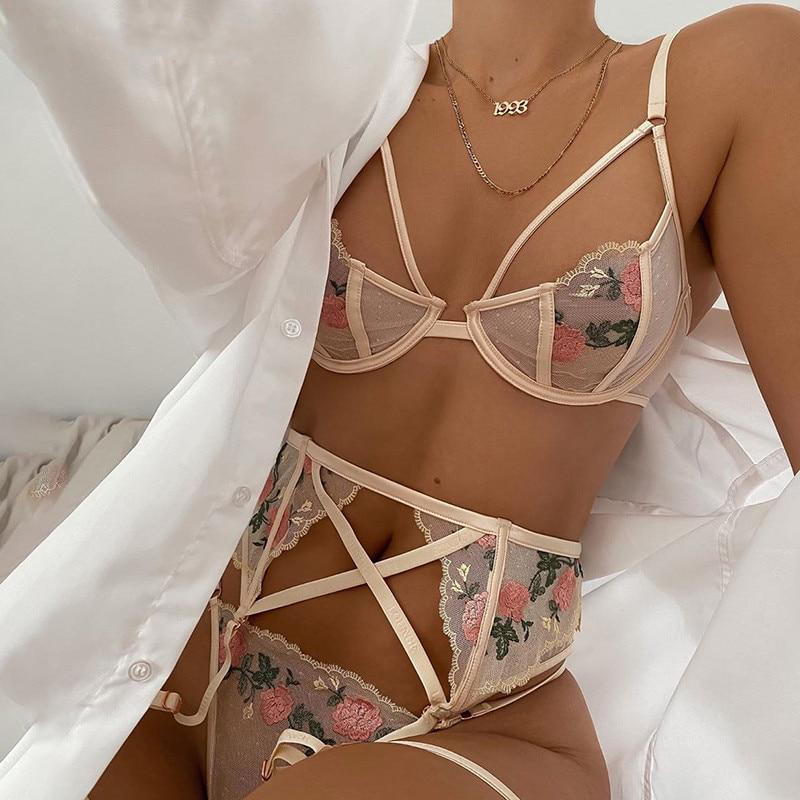 women's pink floral mesh lingerie set panties bra and garter belt