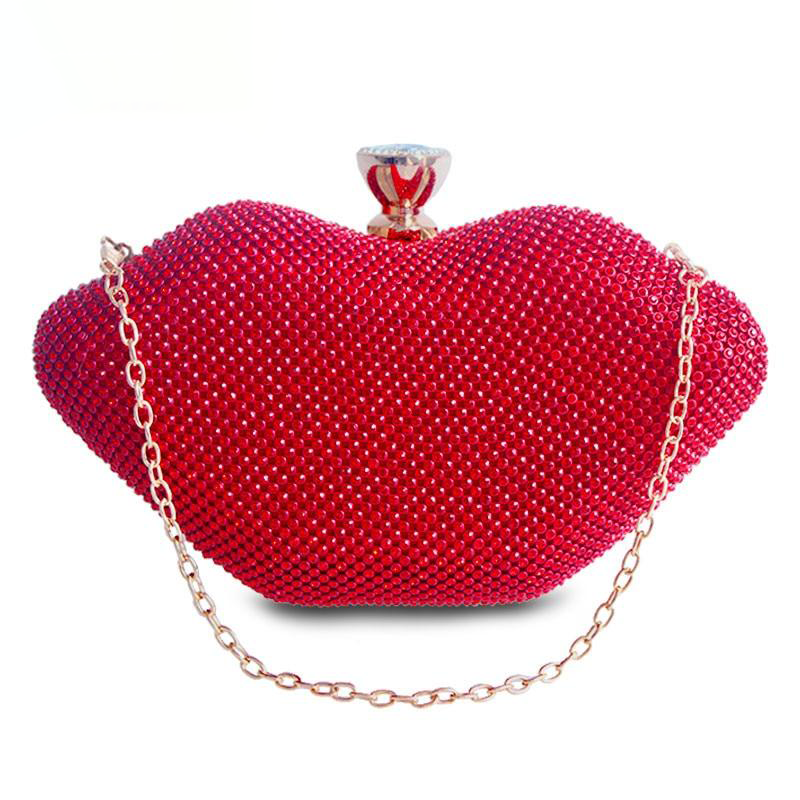 women's red crystal lip handbag clutch purse