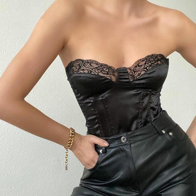 black satin lace bustier corset top