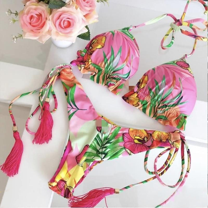 pink floral tropical string bikini set
