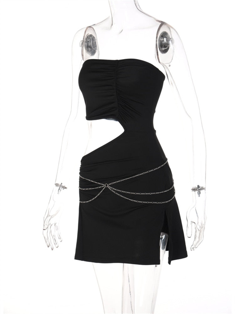 black cutout mini chain dress