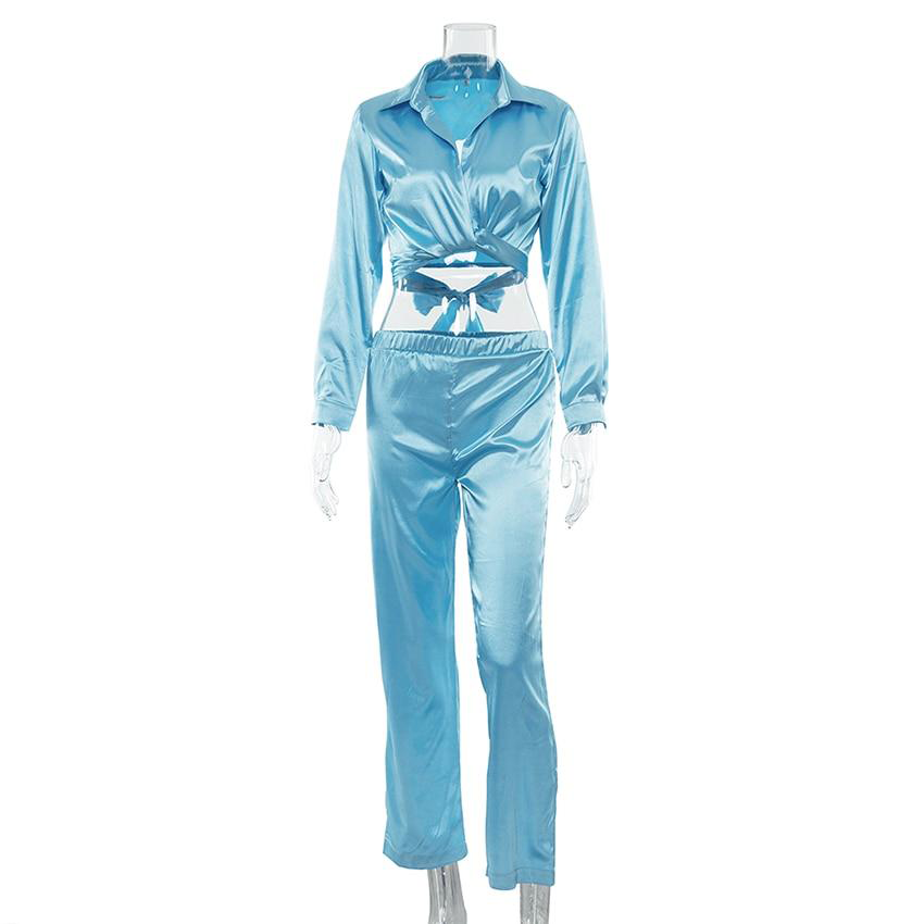 blue satin two piece pant set and top