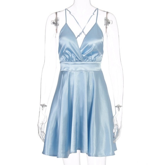 women's blue satin mini party dress with bow