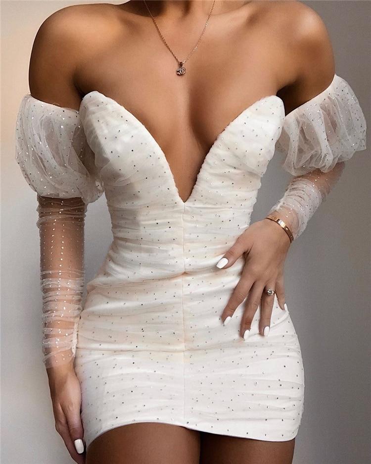 white mesh crystal long sleeve mini party dress