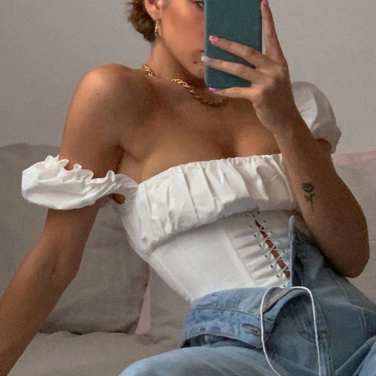 WHITE RUFFLE OFF THE SHOULDER CORSET TOP
