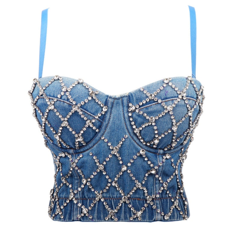 women's blue denim crystal bustier corset top