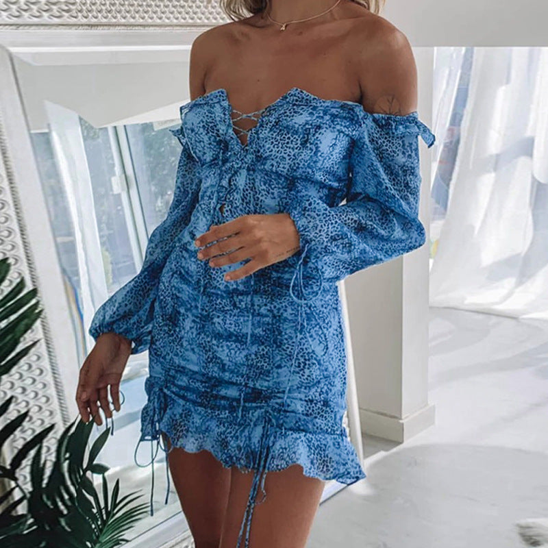 blue print mesh ruffle mini dress