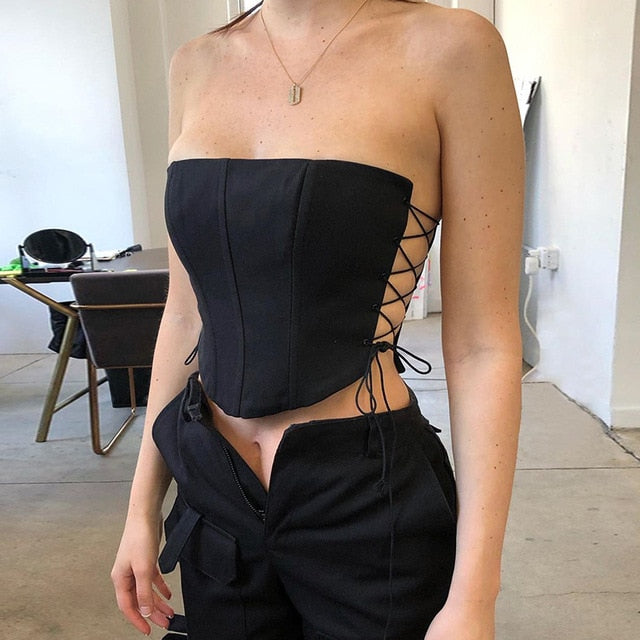 black lace up corset top