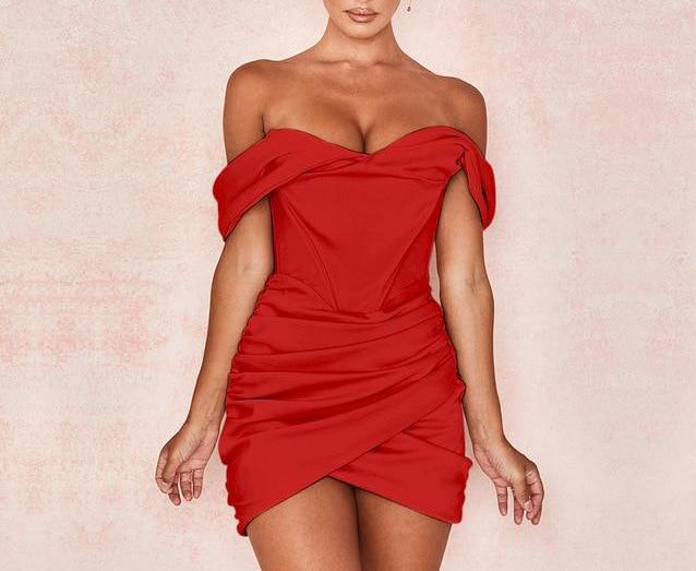 women's red draped off the shoulder corset mini dress