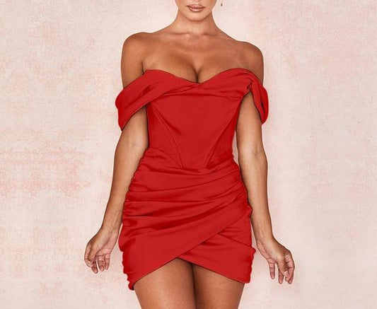 women's red draped off the shoulder corset mini dress