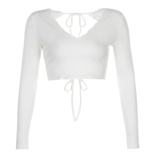 women's white backless tie long sleeve top