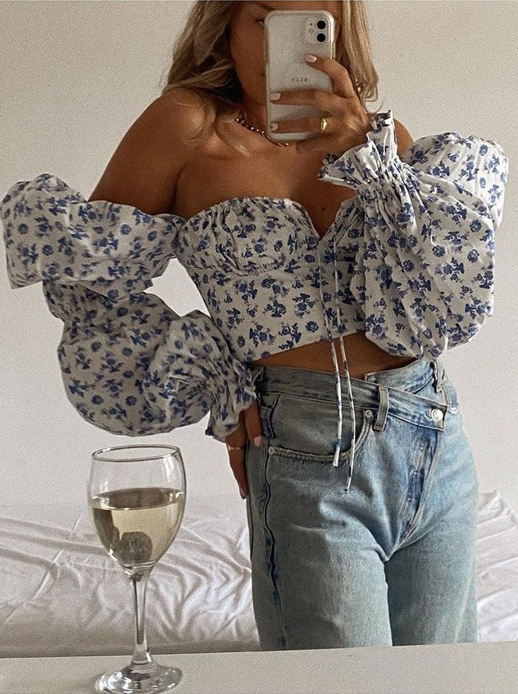 BLUE FLORAL PUFF SLEEVE OFF THE SHOULDER CROP TOP