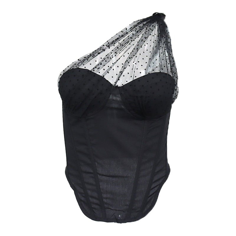 black mesh one shoulder corset top