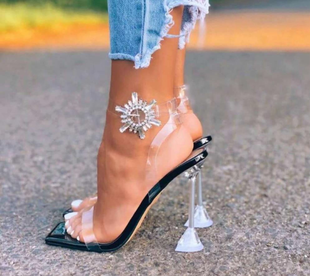 women's black crystal pvc heel