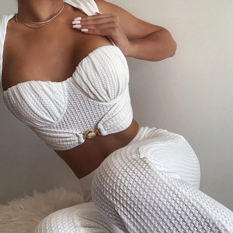 WHITE COTTON TWO PIECE SET PANT AND CROP TOP