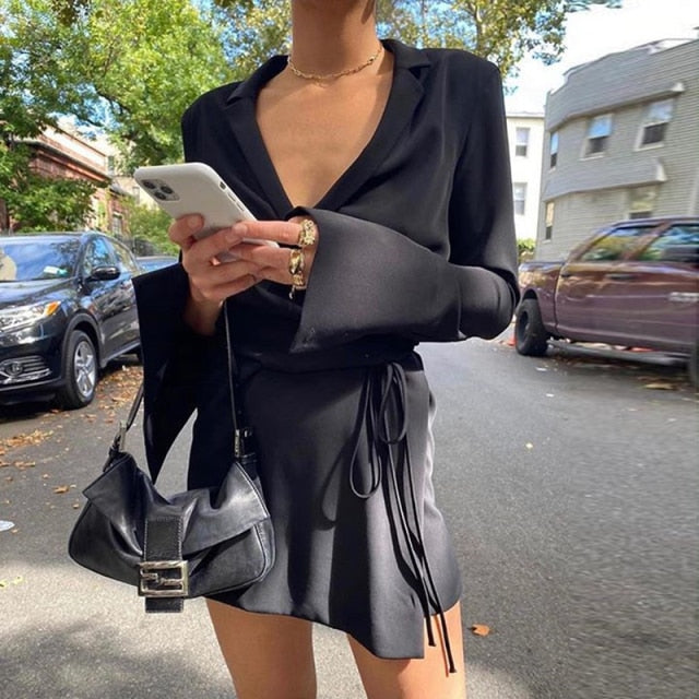 women's black mini wrap dress