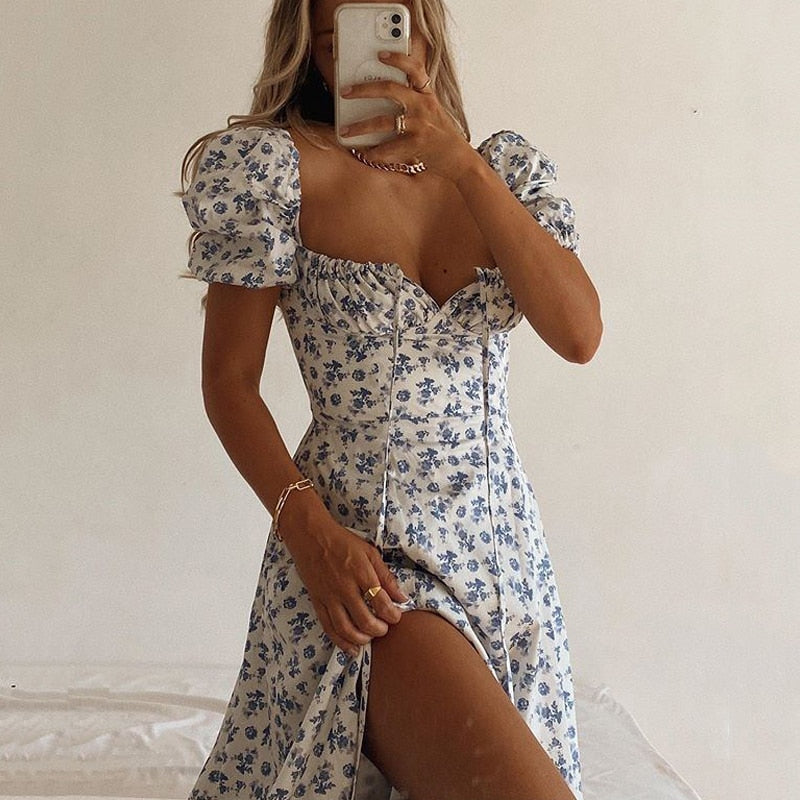 white and blue floral puff sleeve maxi dress