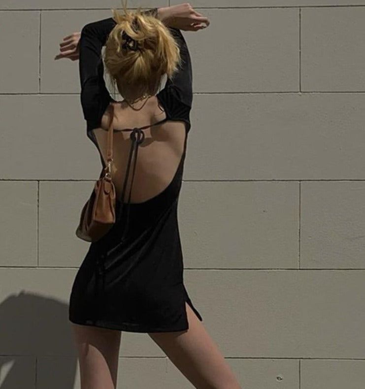 women's black backless long sleeve mini dress