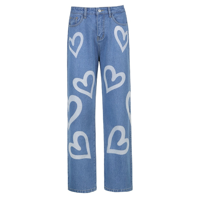 blue denim white heart high waisted jean