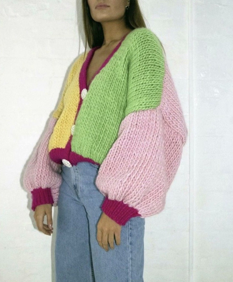 women's pink and green knit cardigan sweater