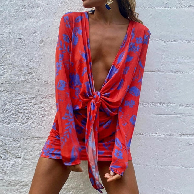 women's red and blue floral wrap mini dress