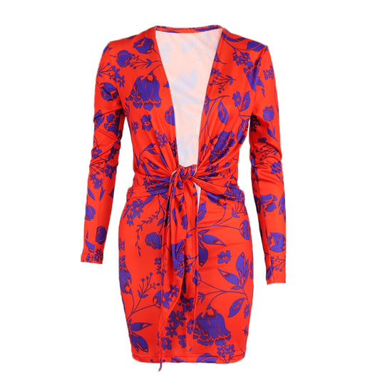 women's red and blue floral wrap mini dress