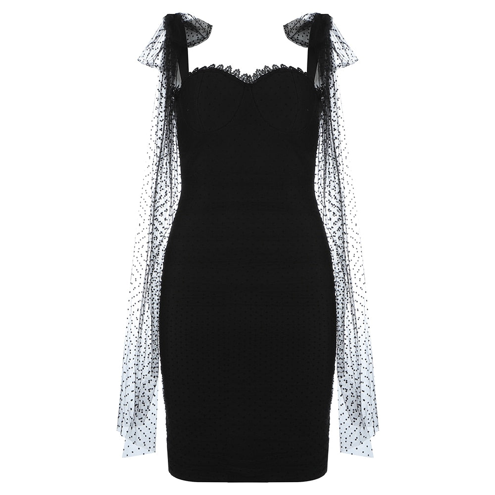 women's black mesh chiffon mini dress with bows