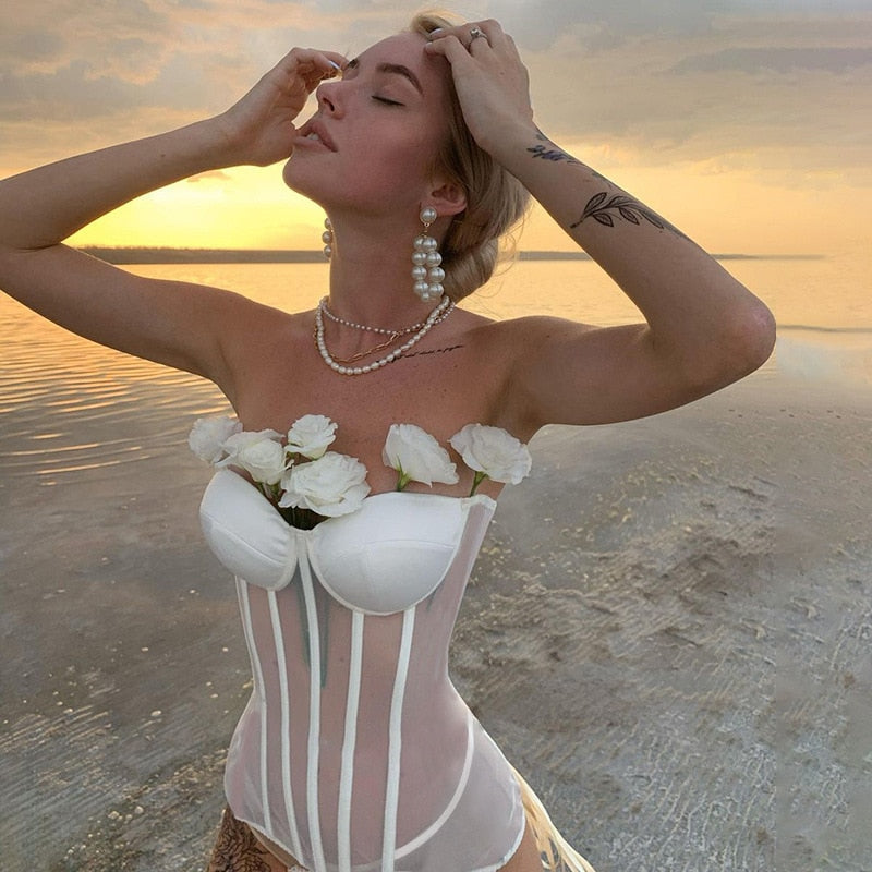 women's white mesh bustier corset top