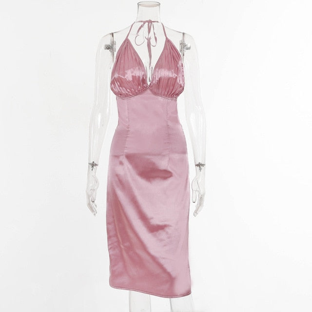 women's pink satin halter maxi dress