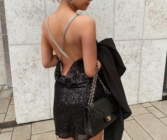 black sequin backless silver metal strap mini dress