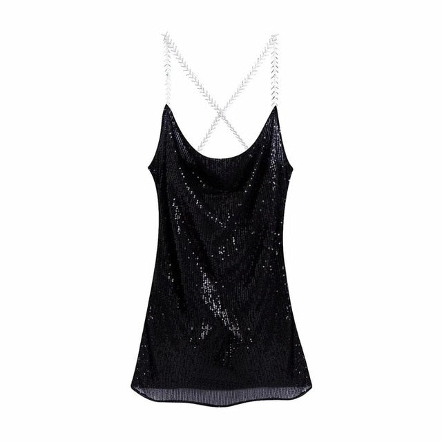 black sequin backless silver metal strap mini dress