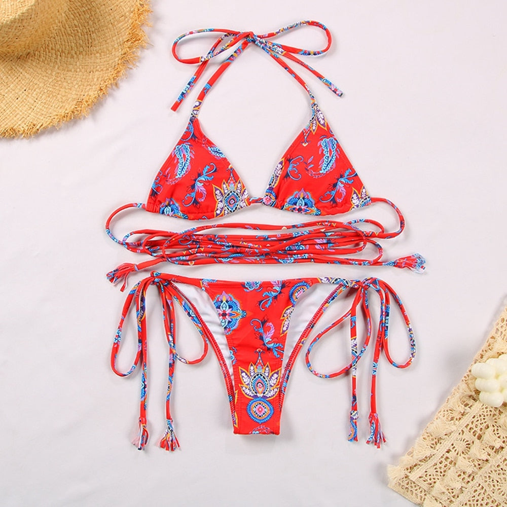 RED PAISLEY PRINT TWO PIECE STRING BIKINI SET