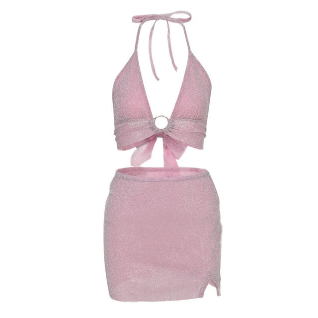PINK SHIMMER MINI SKIRT SET AND CROP TOP