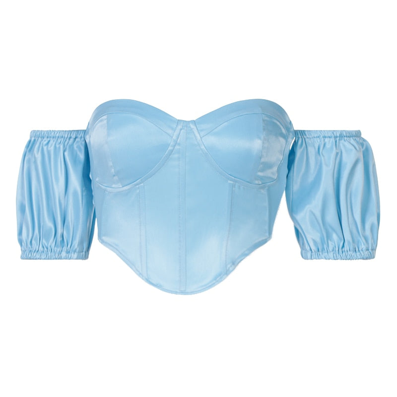 BLUE SATIN PUFF SLEEVE OFF THE SHOULDER CORSET TOP