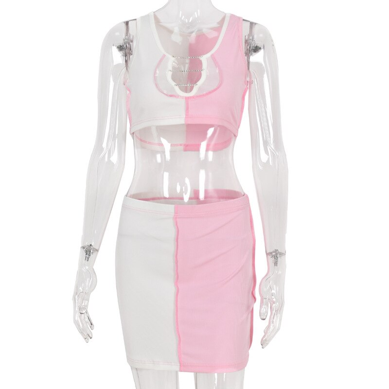 PINK AND WHITE CRYSTAL MINI SKIRT SET AND CROP TOP