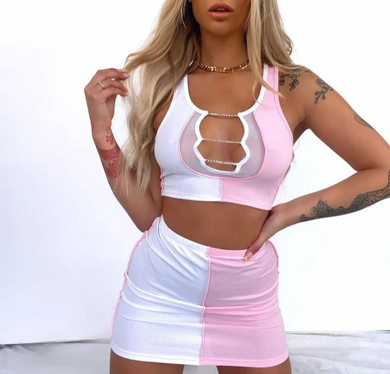 PINK AND WHITE CRYSTAL MINI SKIRT SET AND CROP TOP