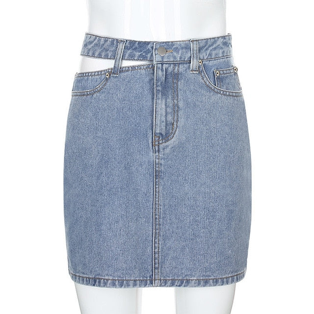 blue denim cutout mini skirt
