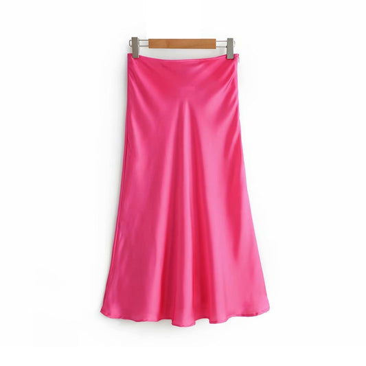 pink satin midi party skirt