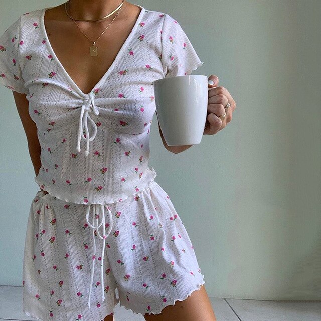 white and pink floral two piece lounge set sleepwear