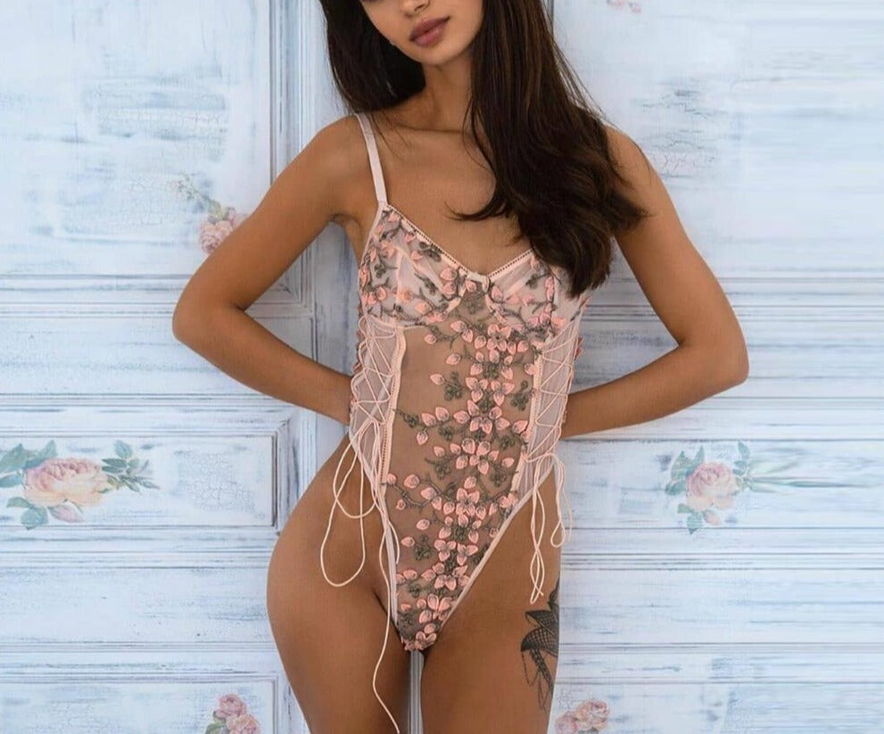 women's pink mesh floral lingerie bodysuit teddy