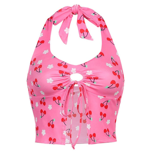 pink cherry print halter cutout crop top