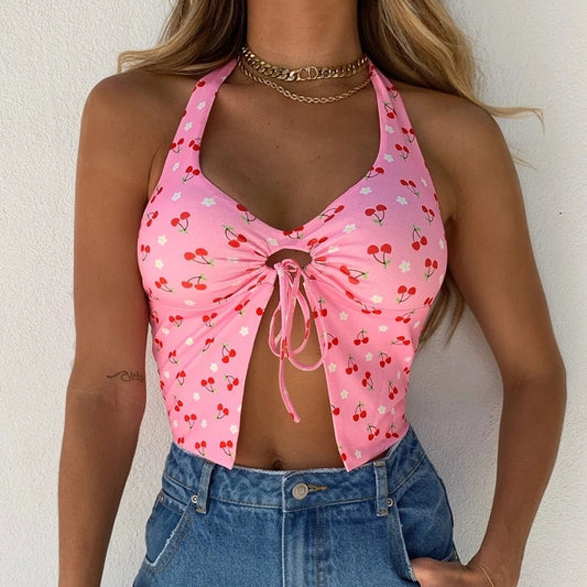 pink cherry print halter cutout crop top