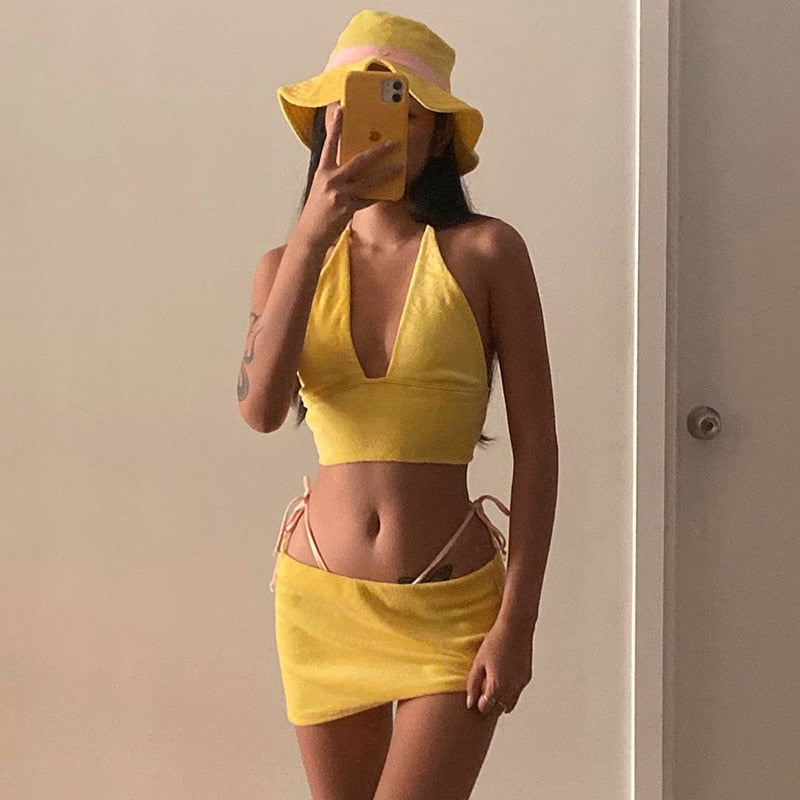 women's two piece yellow terry cloth mini skirt beach set