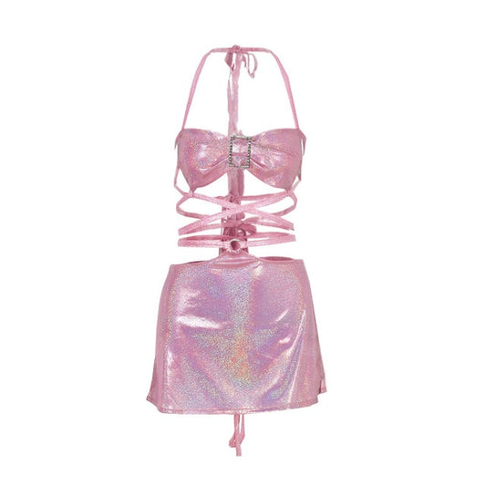 pink shimmer butterfly cutout mini dress
