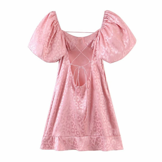 pink puff sleeve open back mini dress